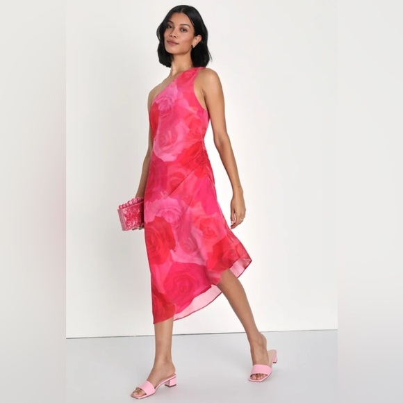 Lulus Dresses & Skirts - Lulus pretty Serene pink floral one shoulder asymmetrical midi dress Sz M nwot